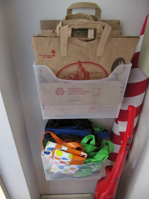 A few plastic file folders drilled into a wall can take a family's unwieldy front closet from chaos to clean — they're the perfect place to store grocery and shopping bags to grab on your way out.
See more at Everyday Organizing »
