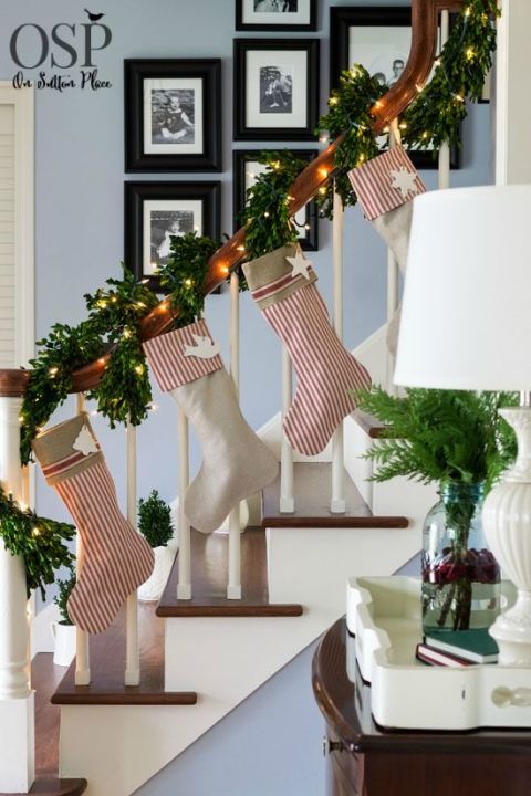Forget the fireplace — this blogger hung her stockings along her stairs, and highlighted the collection with thick garland and twinkle lights.
See more at On Sutton Place »