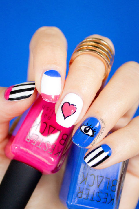 Not all Valentine's Day manicures have to be quiet, sweet and subtle. Get funky with this bold, blue-and-pink graphic design.
</p><p>See more at So Nailicious »
</p><p>