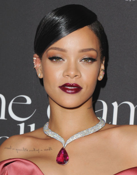 Glittery makeup gets a bad rap (blame the '90s) but it's making a comeback in a big way — especially when it comes to your lips. A deep red or merlot with a dose of sparkle like Rihanna's color adds bold glamour to any autumn or winter look.<br />