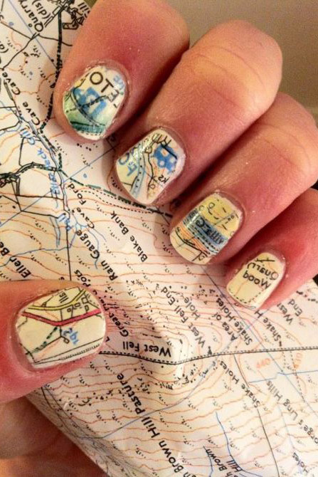 Show off your love for traveling with this vintage road map design. Don't worry if it looks complicated — the design isn't freehanded. All you need is white polish, clear polish, rubbing alcohol, and a map.
See more at Sarah Scoop »