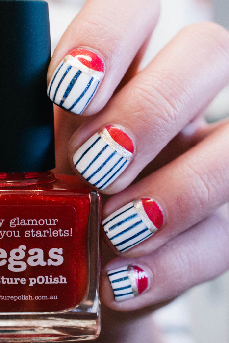 For something that's extra funky, try this red, white, and blue nail art tutorial that combines sparkles, stripes, and patriotic shades.
See more at Petite Peinture »