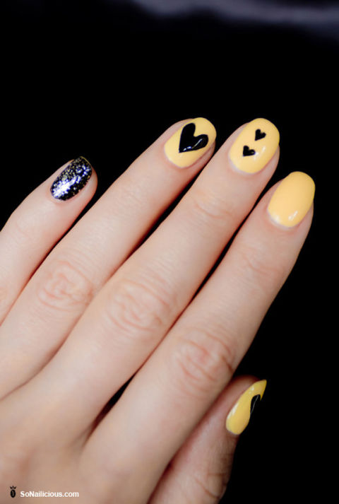 Don't feel like you have to stick to traditional colors like pink and red. Unexpected shade like buttery yellow — in this case, Sinful Colors Professional Nail Polish in Unicorn ($7, amazon.com) —&nbsp;and black work just as well with heart shapes.
</p><p>See more at So Nailicious »
</p><p>