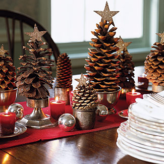 Placed in silver bowls, cups, and candlesticks, pinecones become a tabletop forest. Crown each one with a glitter-covered cardboard star.